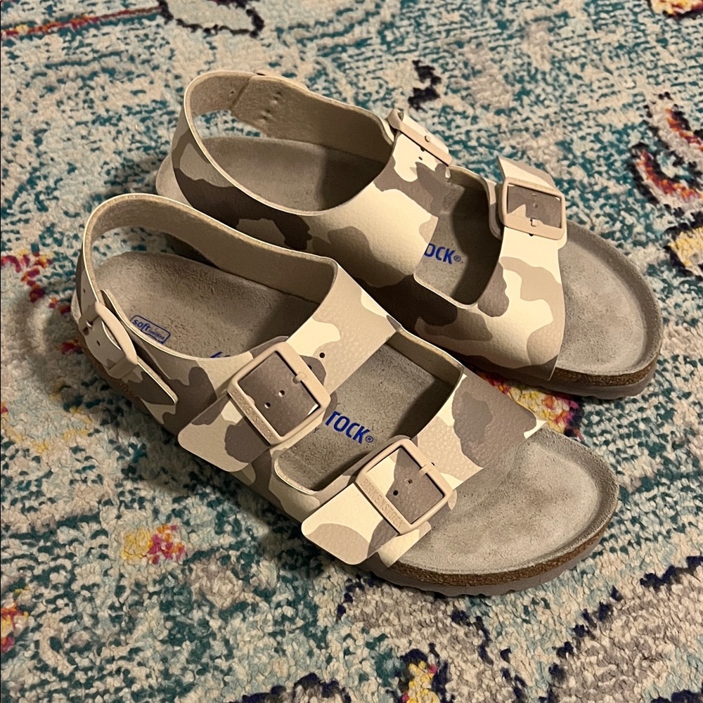 Birkenstock Milano Soft Footbed Desert Camo Taupe Buckle Sandal Women 42
